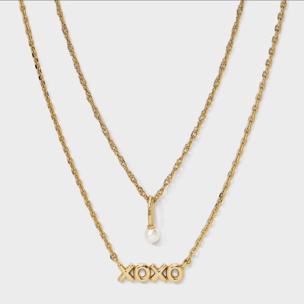 A New Day 14k Gold Dipped XOXO and Pearl Layered Necklace Set 16-18 Inch New - Picture 4 of 6